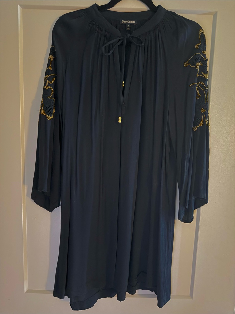 Juicy Couture Navy Dress with Gold Embroidered Sleeves